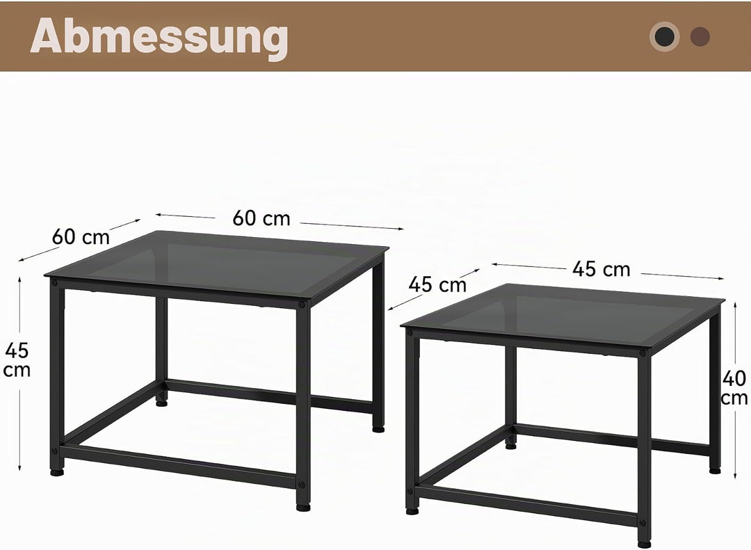 Hawthyhome 2 Stücke quadratisch Set, Couchtisch aus Glas mit Metallrahmen,Moderne Kaffeetische Satzt
