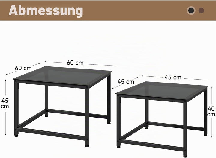 Hawthyhome 2 Stücke quadratisch Set, Couchtisch aus Glas mit Metallrahmen,Moderne Kaffeetische Satzt