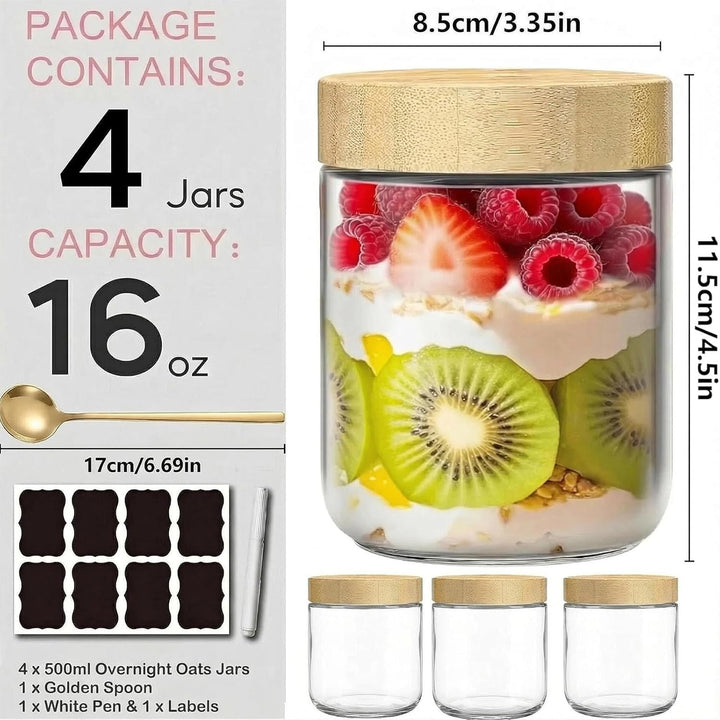4 Set Overnight Oats Gläser 500ml,Meal Prep Gläser,Einmachgläser mit Schraubdeckel & Löffel,Mason Ja
