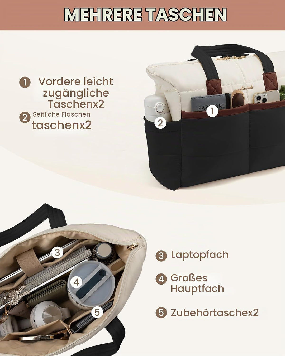 LOVEVOOK Handtasche Shopper Tasche Damen, 15,6 Zoll Puffer Laptoptasche Leicht Laptop Arbeitstasche