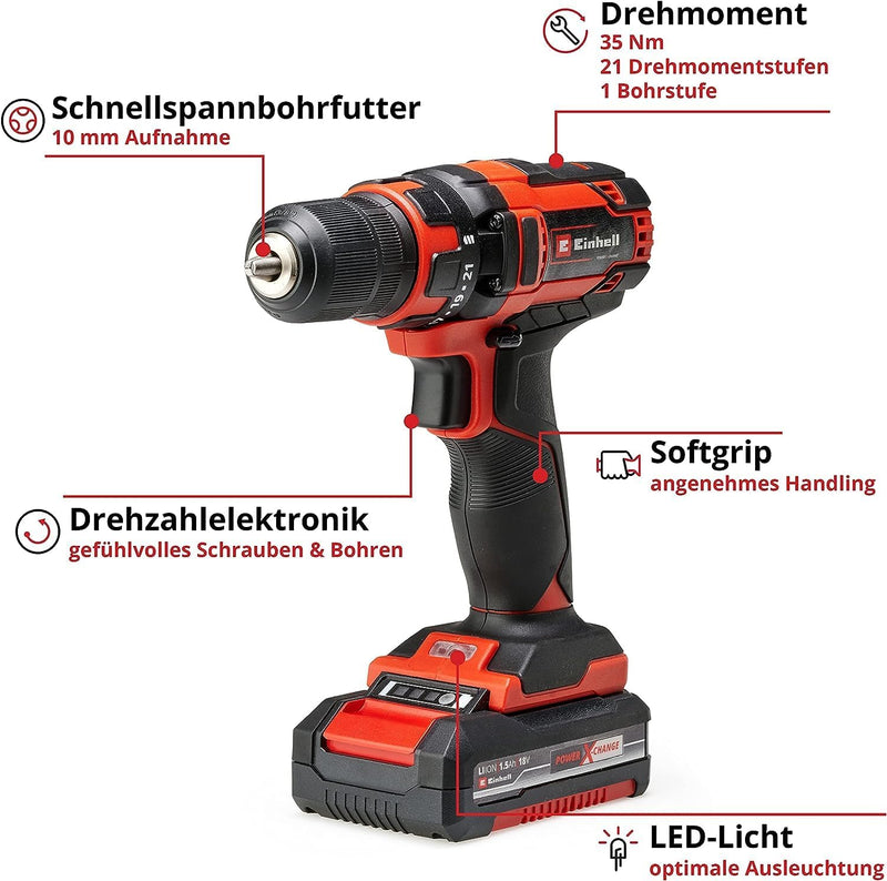 Einhell Akku-Bohrschrauber TC-CD 18/35 Li (1x1,5 Ah) Power X-Change (Lithium Ionen, 18 V, Drehzahl-E