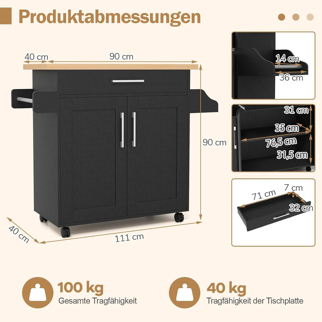 COSTWAY Küchenwagen mit Schublade, Kücheninsel auf Rollen, Servierwagen Holz mit Handtuchhalter, Gew
