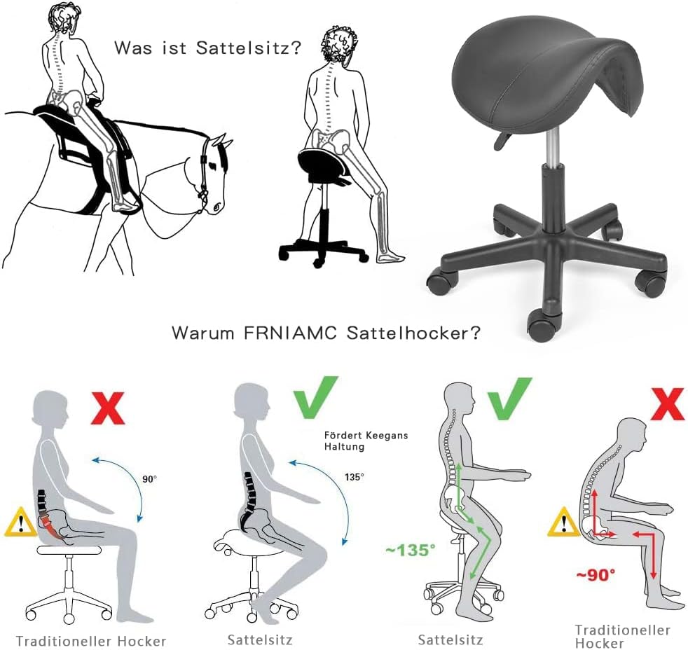 Mingone Sattelhocker Ergonomisch 360°-Drehung, 2 Stück Schwarz | Gepolsterte PU-Sitzfläche, Ergonomi