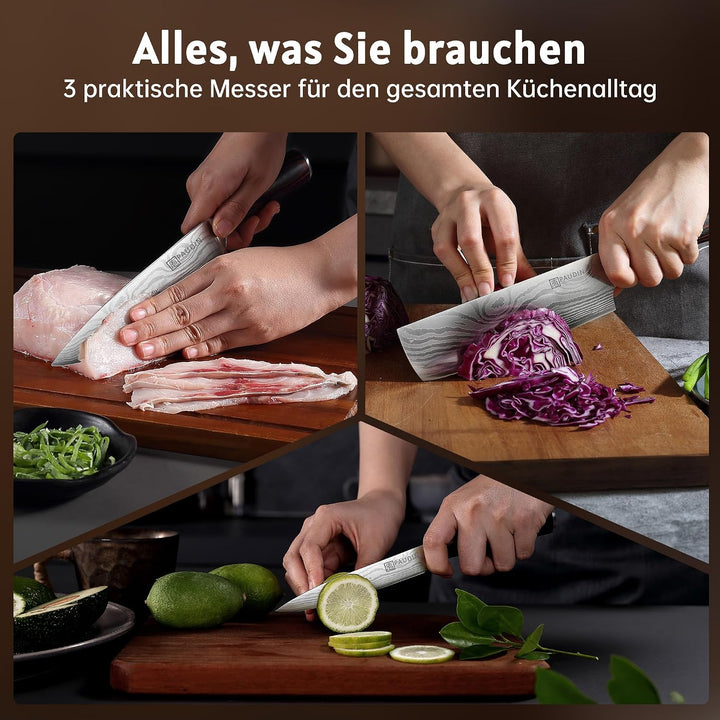 PAUDIN Küchenmesser Set, 3-tlg Messerset aus hochwertigem Carbon Edelstahl, Ultra Scharfes Messer se