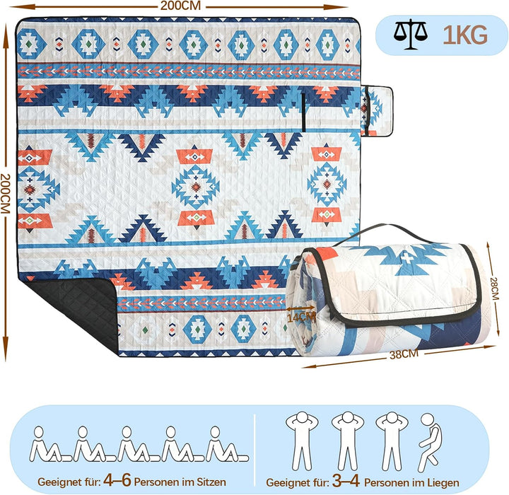 Picknickdecke 200x200 cm - Stranddecke XXL, wasserdicht & isoliert Campingdecke, atmungsaktiv und we