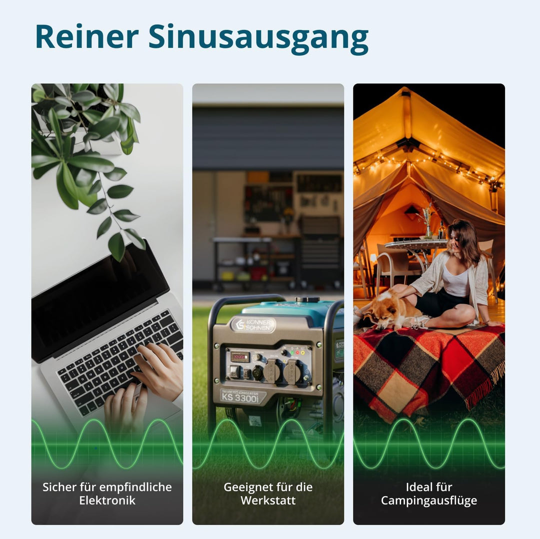 Könner & Söhnen KS 3300i. Benzin-Invertergenerator 3300W, stromerzeuger mit 2xSchuko 230V, notstromg