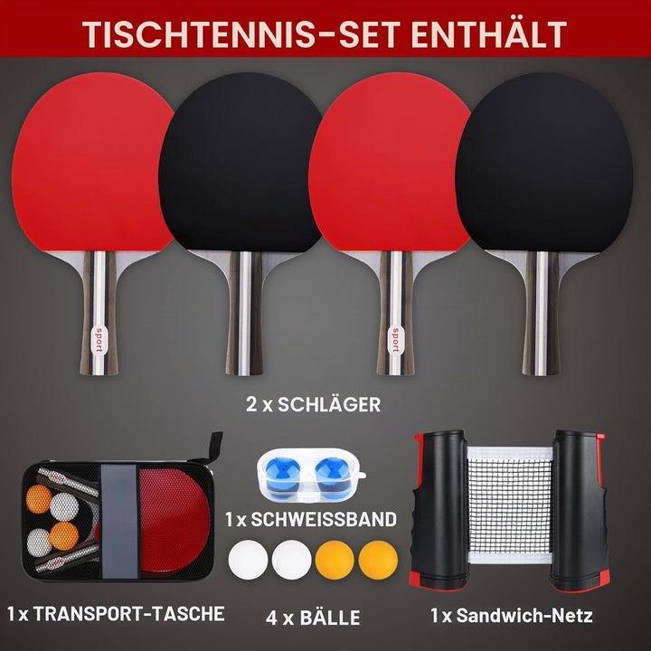 Tischtennisschläger Set,2 Schläger,4 Bälle (2X gelb, 2X weiss),Einziehbares Tischtennisnetz,2 Griffb