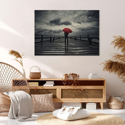 Bilder auf Leinwand 100x70cm Leinwandbild mit Rahmen Meer Brücke Sturm Gross Wanddeko Bild Schlafzim