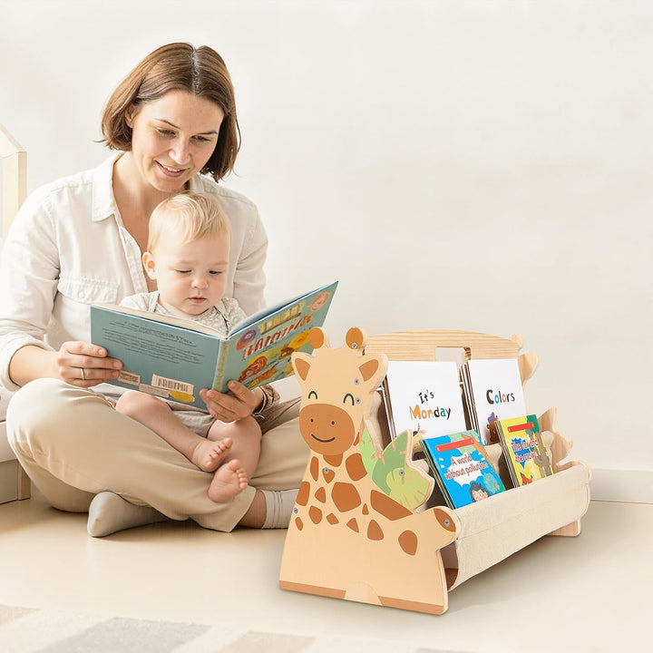 MHJY Bücherregal Kinder, doppelseitiges Holzregal mit robusten Canvas-Taschen, Montessori Stil, trag