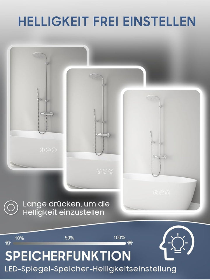 Badspiegel mit Beleuchtung,40x60cm LED Badezimmerspiegel Mit Licht und Bluetooth, Entfoggen, 3 Farbt