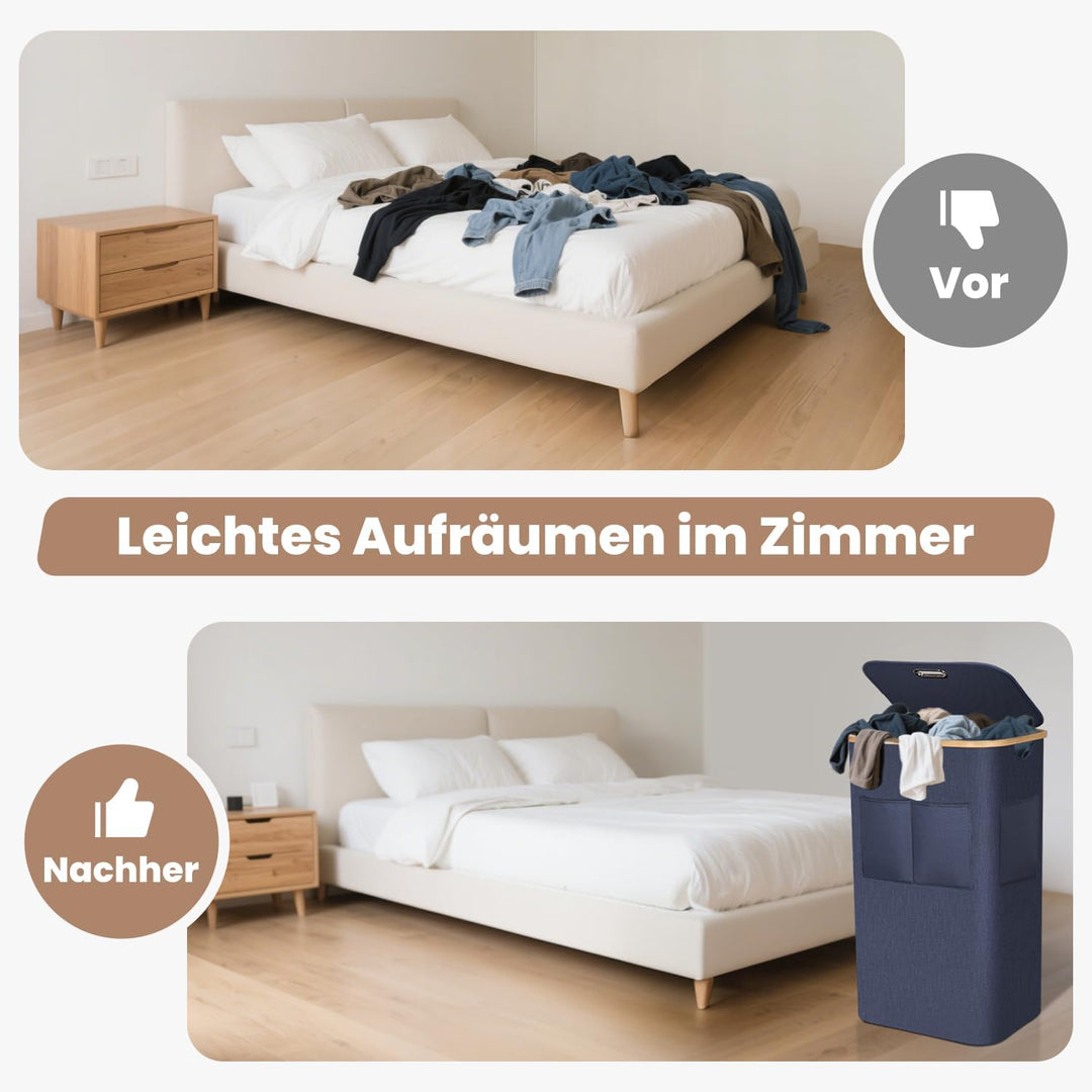 OUSFOT Wäschekorb mit Deckel 105L, Wäschesammler mit Griffen aus Bambus, Laundry Basket Wasserdicht