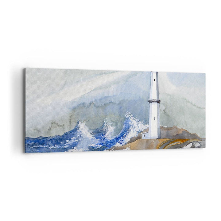 Bilder auf Leinwand 100x40cm Leinwandbild Leuchtturm Wasser Illustration Welle Gross Wanddeko Bild S