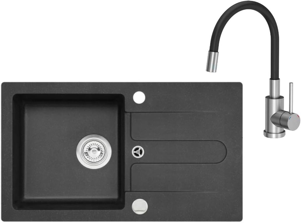 VBChome Spüle Schwarz 75 x 42 cm mit Spültischarmatur Granit Einzelbecken Einbauspüle gesprenkelt re