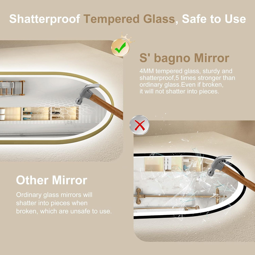 S'bagno Badspiegel mit Beleuchtung Oval 50x80 cm, LED Badezimmerspiegel mit Aluminiumrahmen, Nebelfr