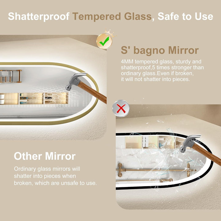S'bagno Badspiegel mit Beleuchtung Oval 60x90 cm, LED Badezimmerspiegel mit Aluminiumrahmen, Nebelfr