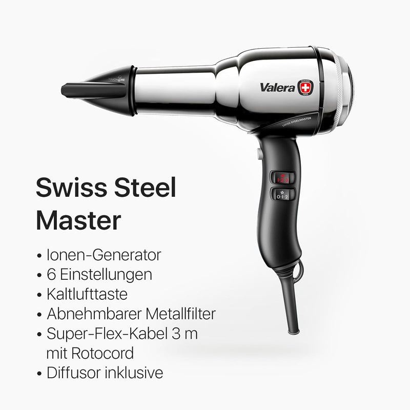 Valera, Swiss Steel Master, professioneller Haartrockner aus verchromtem Premium-Stahl, leichter Föh