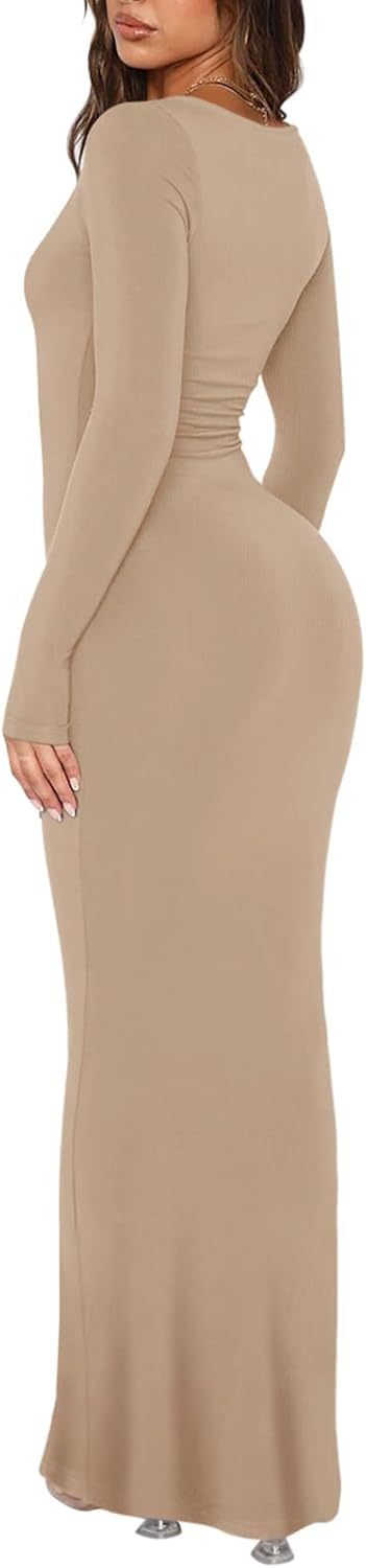 REORIA Damen Sexy U-Ausschnitt Langarm Lounge Langes Kleid Gerippte figurbetonte Maxikleider XS Khak