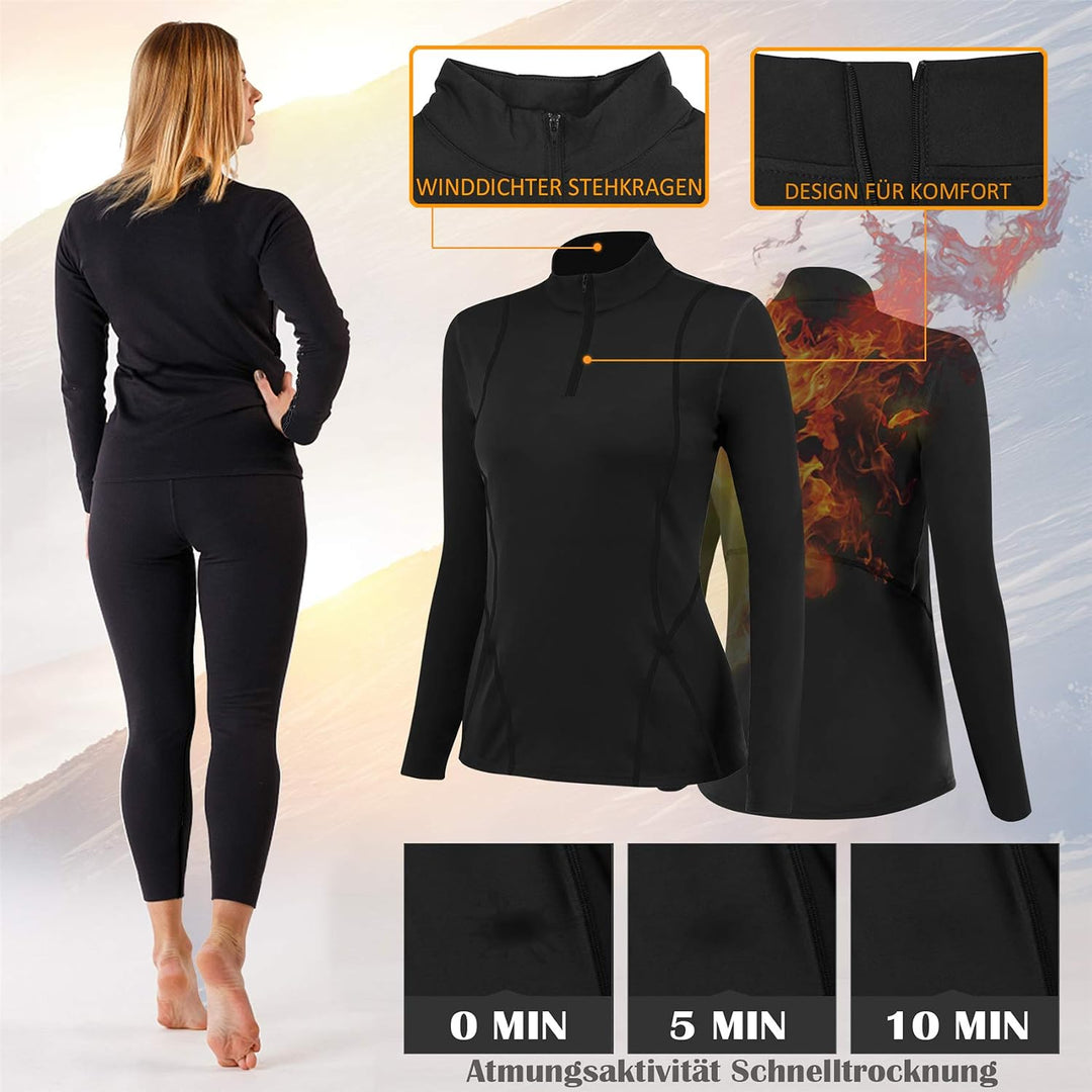 Thermounterwäsche Damen mit Winddichter Stehkragen, Thermowäsche Set Thermo Unterwäsche Skiunterwäsc