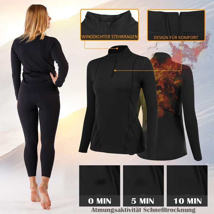 Thermounterwäsche Damen mit Winddichter Stehkragen, Thermowäsche Set Thermo Unterwäsche Skiunterwäsc