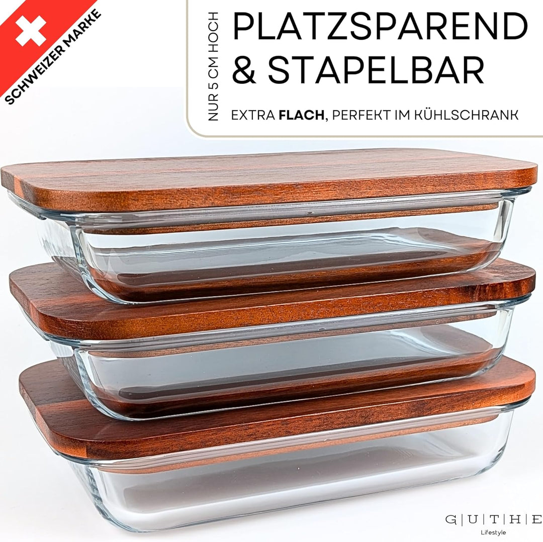 GUTHE Lifestyle 3er Set Aufschnittboxen für Kühlschrank glas, stapelbare Frischhaltedosen mit Akazie