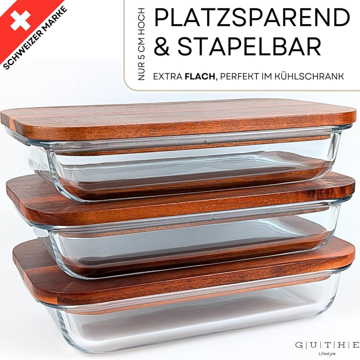 GUTHE Lifestyle 3er Set Aufschnittboxen für Kühlschrank glas, stapelbare Frischhaltedosen mit Akazie