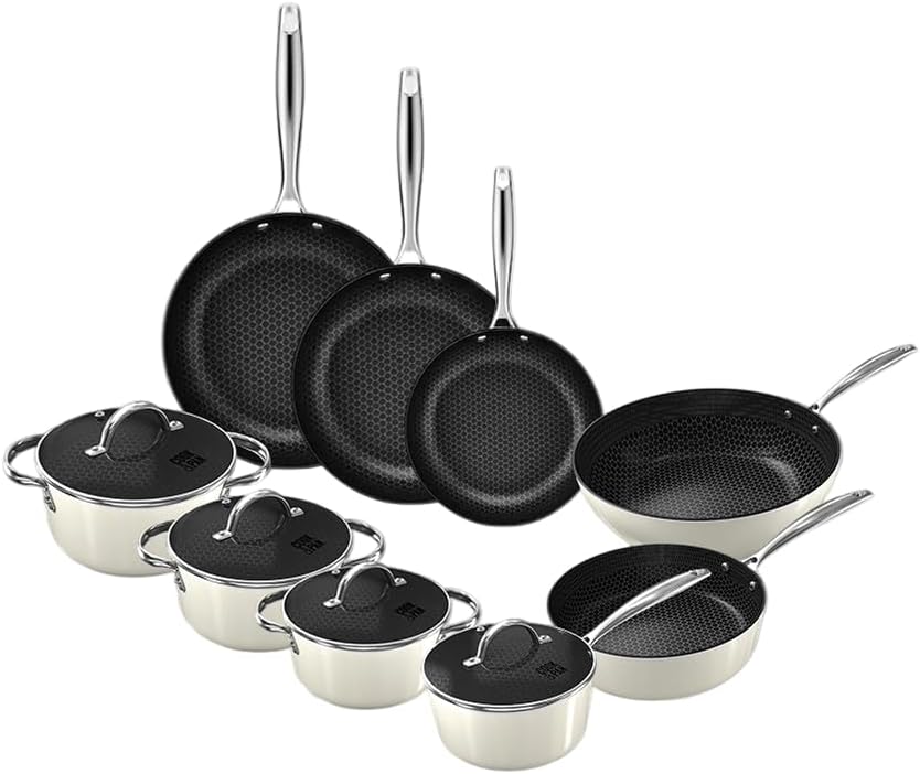Cook & Pan - Go Ivory Honey Topfset und Pfannenset 9-teilig-Induktionsgeeignet-PFAS frei Wabenstrukt