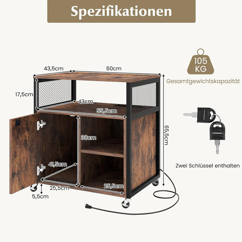 COSTWAY Aktenschrank auf Rollen, Büroschrank mit Ladestation und Loch für Kabelmanagement, Druckerst