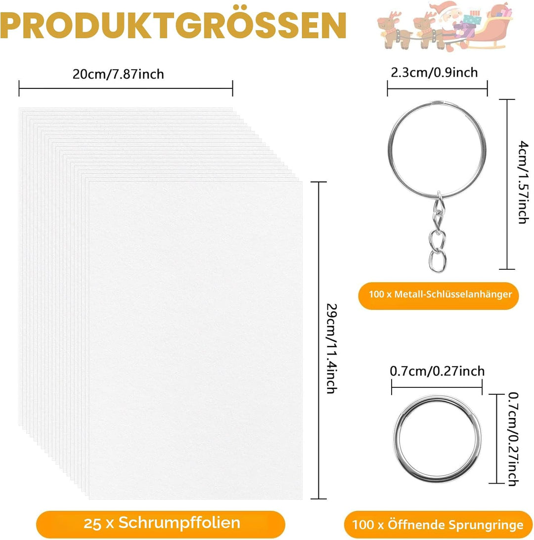 WOOWAIR 225 Stück Schrumpffolie Set, Inklusiv 25 Stück A4 Schrumpffolie zum Bemalen(20 x 29 cm), 100