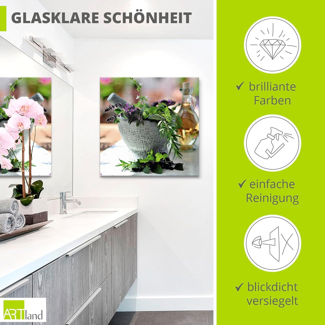 ARTland Glasbilder Wandbild Glas Bild einteilig 40x40 cm Quadratisch Stillleben Kräuter Gewürze Mörs