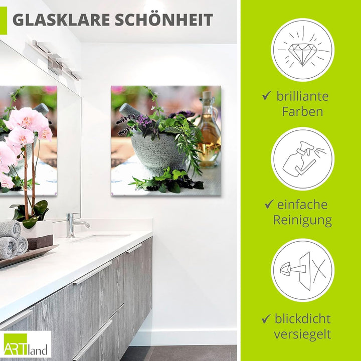 ARTland Glasbilder Wandbild Glas Bild einteilig 40x40 cm Quadratisch Stillleben Kräuter Gewürze Mörs