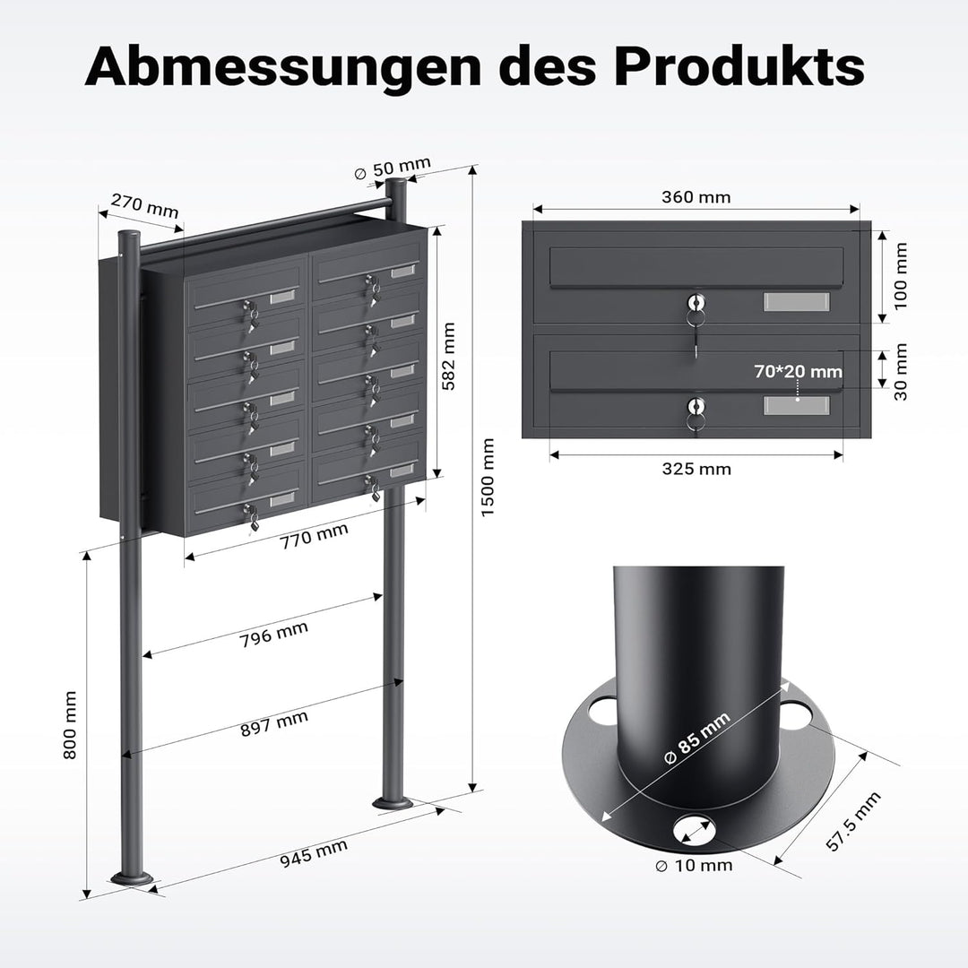 Wiltec 10er Briefkastenanlage Anthrazit 898 x 270 x 1500 mm, Standbriefkasten mit 2x5 Fächern, Schlü