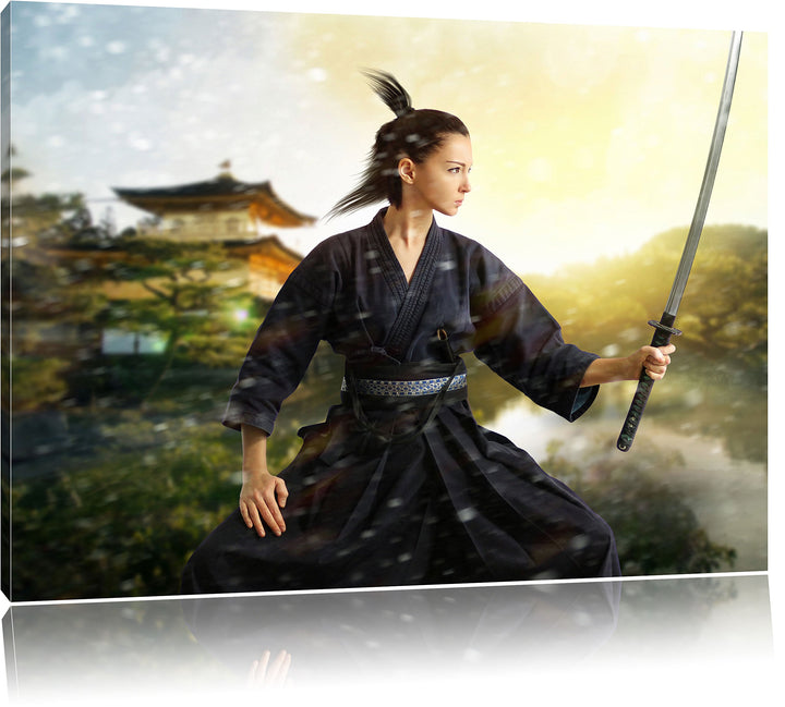 Pixxprint Samurai-Kriegerin Schnee als Leinwandbild/Grösse: 100x70 cm/Wandbild/Kunstdruck/fertig bes