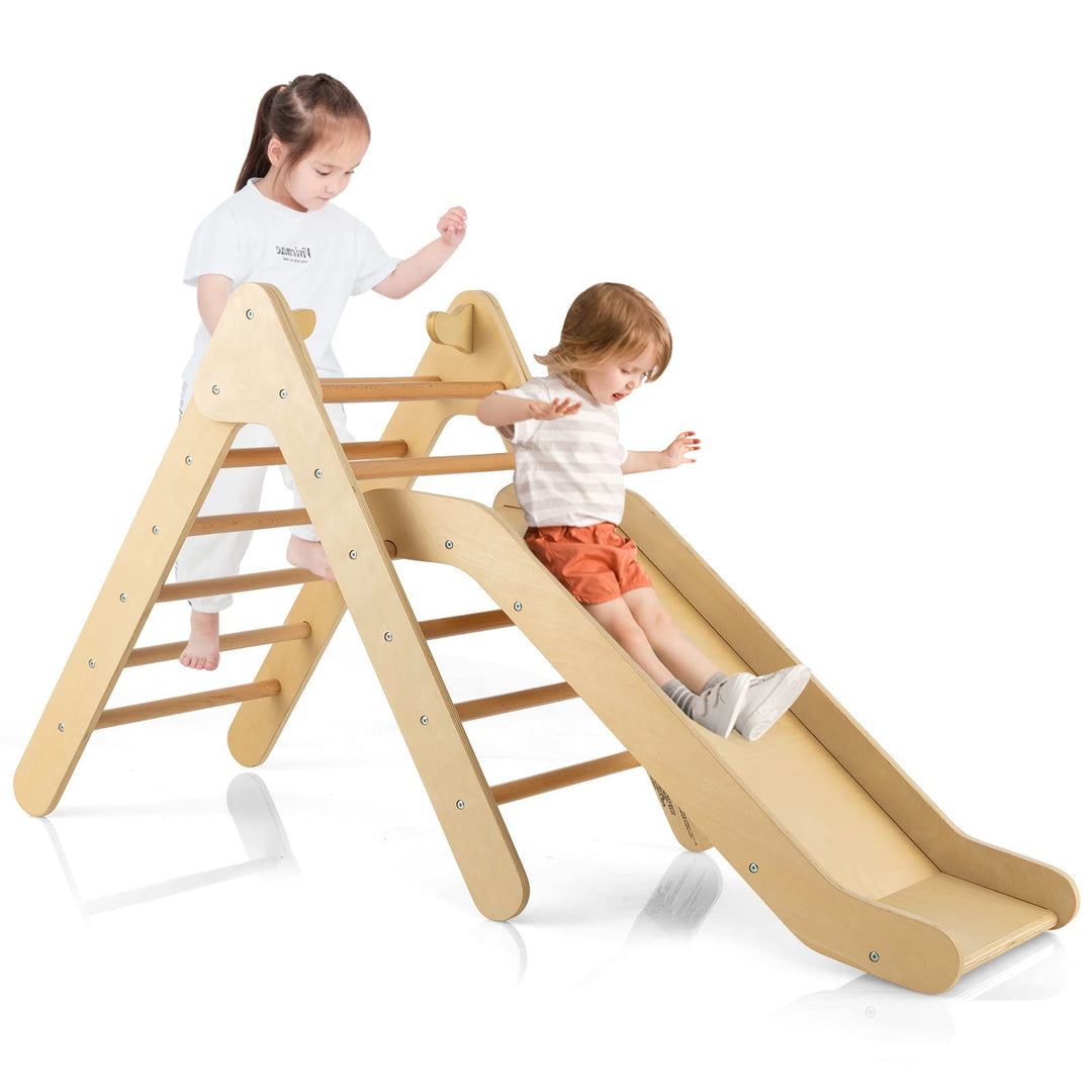 COSTWAY Kletterdreieck mit Rutsche, Klettergerüst aus Holz, Sprossendreieck zum Rutschen und Kletter