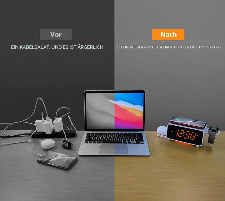 iTOMA Dual Wireless Charging Radiowecker mit Bluetooth Lautsprecher, FM Radio, Zwei USB Port, Dual A