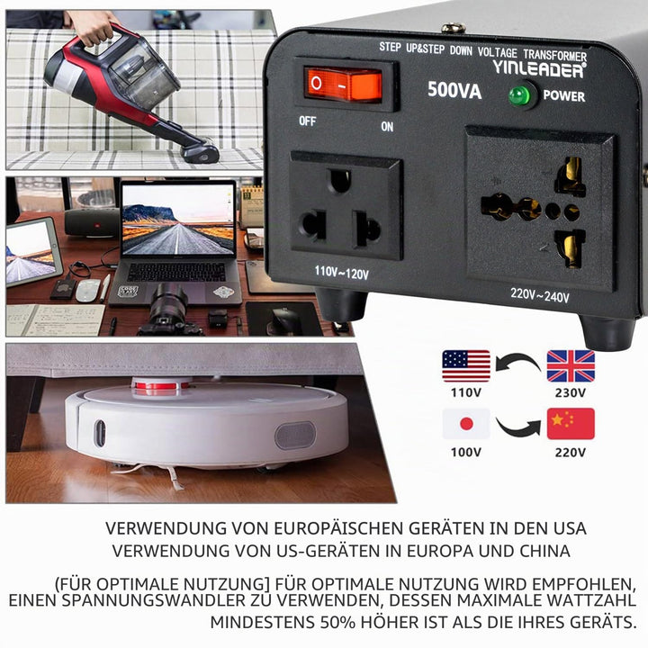 Yinleader 500VA 230V bis 110V USA Spannungswandler Ringkern-Transformator - In: 220V / Out: 110V und