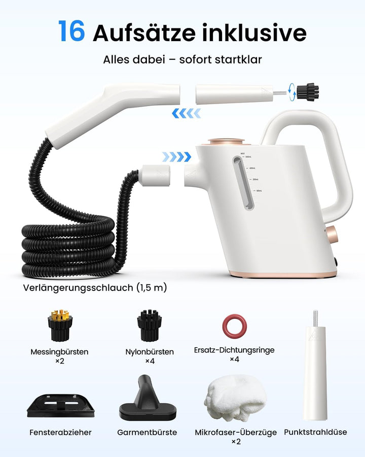 Dampfreiniger Handgerät, 15 Sek. Aufheizzeit, 550 ml Wassertank | 16 Zubehörteile, regulierbarer Dam