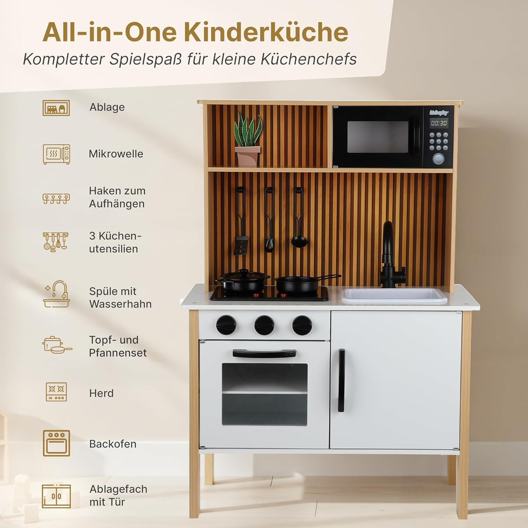 Kinderküche aus Holz mit Licht & Sound – Spielküche mit Zubehör, Herd, Backofen, Spüle, Mikrowelle –