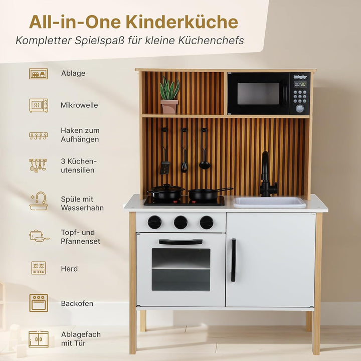 Kinderküche aus Holz mit Licht & Sound – Spielküche mit Zubehör, Herd, Backofen, Spüle, Mikrowelle –