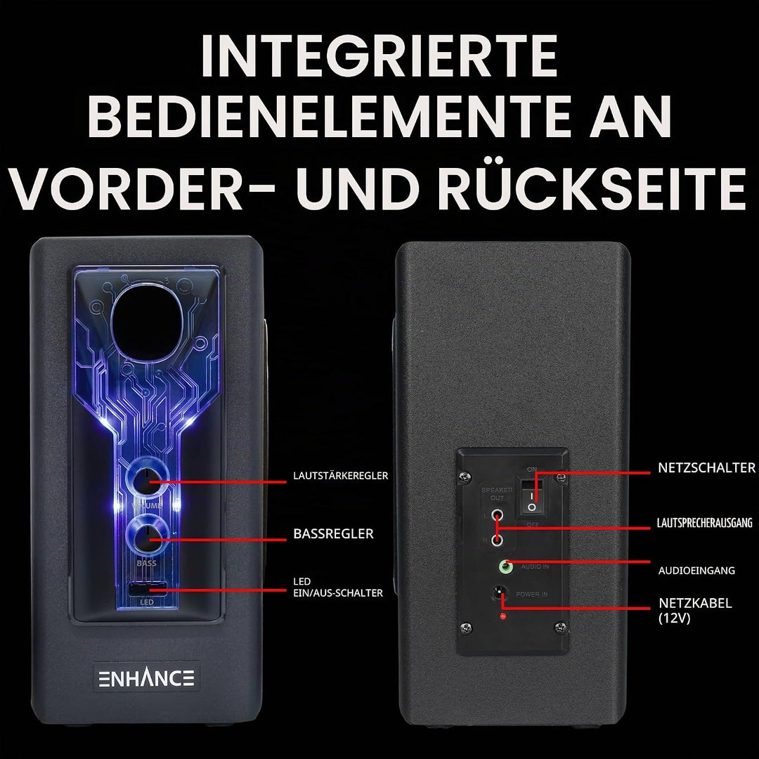 ENHANCE SB 2.1 Computerlautsprecher mit Subwoofer – Blau LED-Gaming-Lautsprecher, High-Excursion-Sou