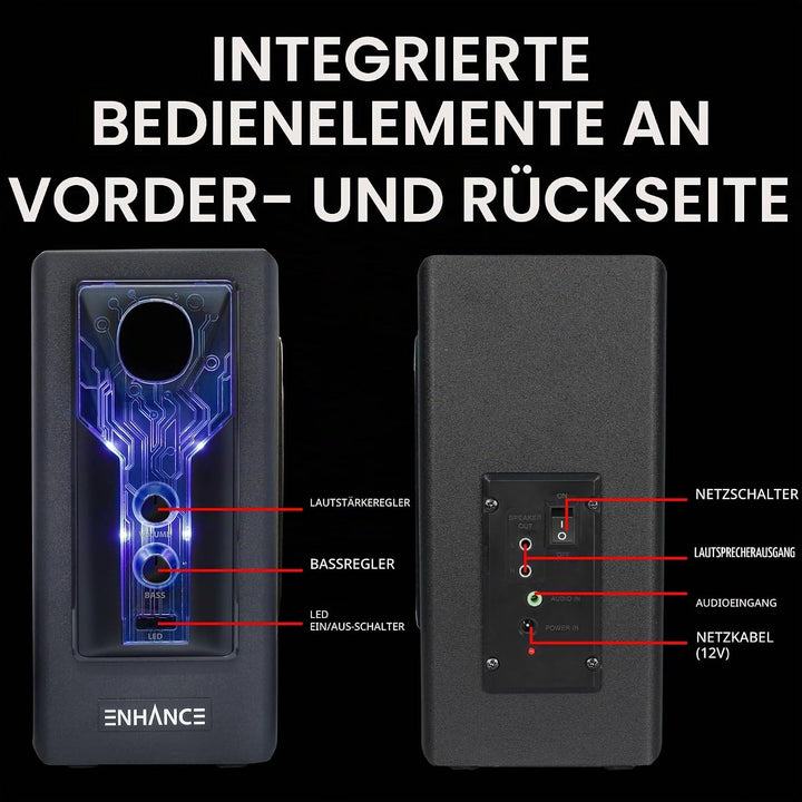 ENHANCE SB 2.1 Computerlautsprecher mit Subwoofer – Blau LED-Gaming-Lautsprecher, High-Excursion-Sou