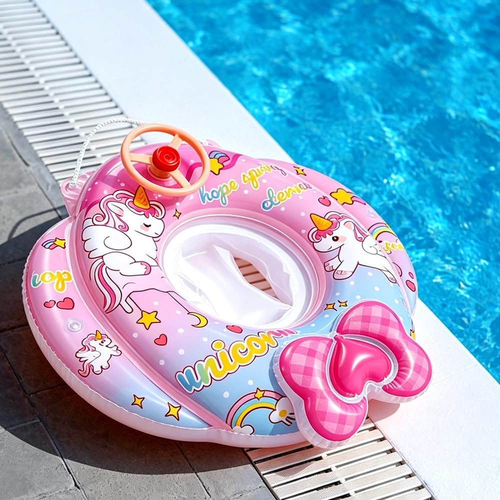 Baby Schwimmring Einhorn, Baby Schwimmhilfen, mit Lenkrad und Sitz, Einhorn Aufblasbarer Schwimmring