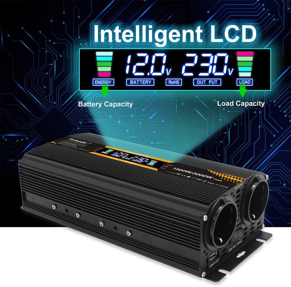 Yinleader Spannungswandler 12V/24V auf 230V 1500W / 3000W Wechselrichter mit 2 EU Steckdosen 1 USB u