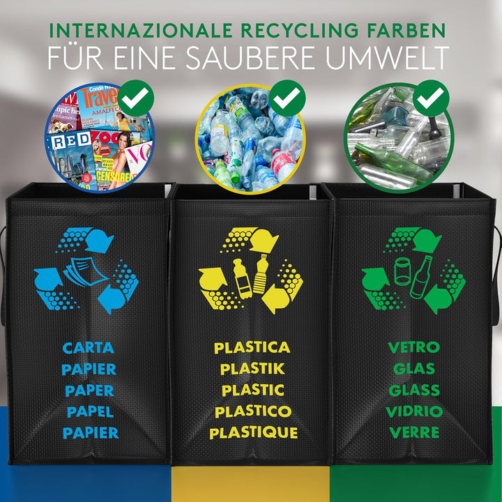 PTMS® Mülleimer 3 Fächer MAXI XL extra gross - Mülltonne als praktische Taschen für Papier, Glas & P
