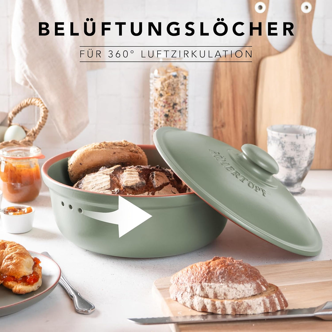 Romertopf Brottopf Rund Ø 30cm - Brotkasten Grün aus Keramik - Atmungsaktiver Tontopf für langanhalt