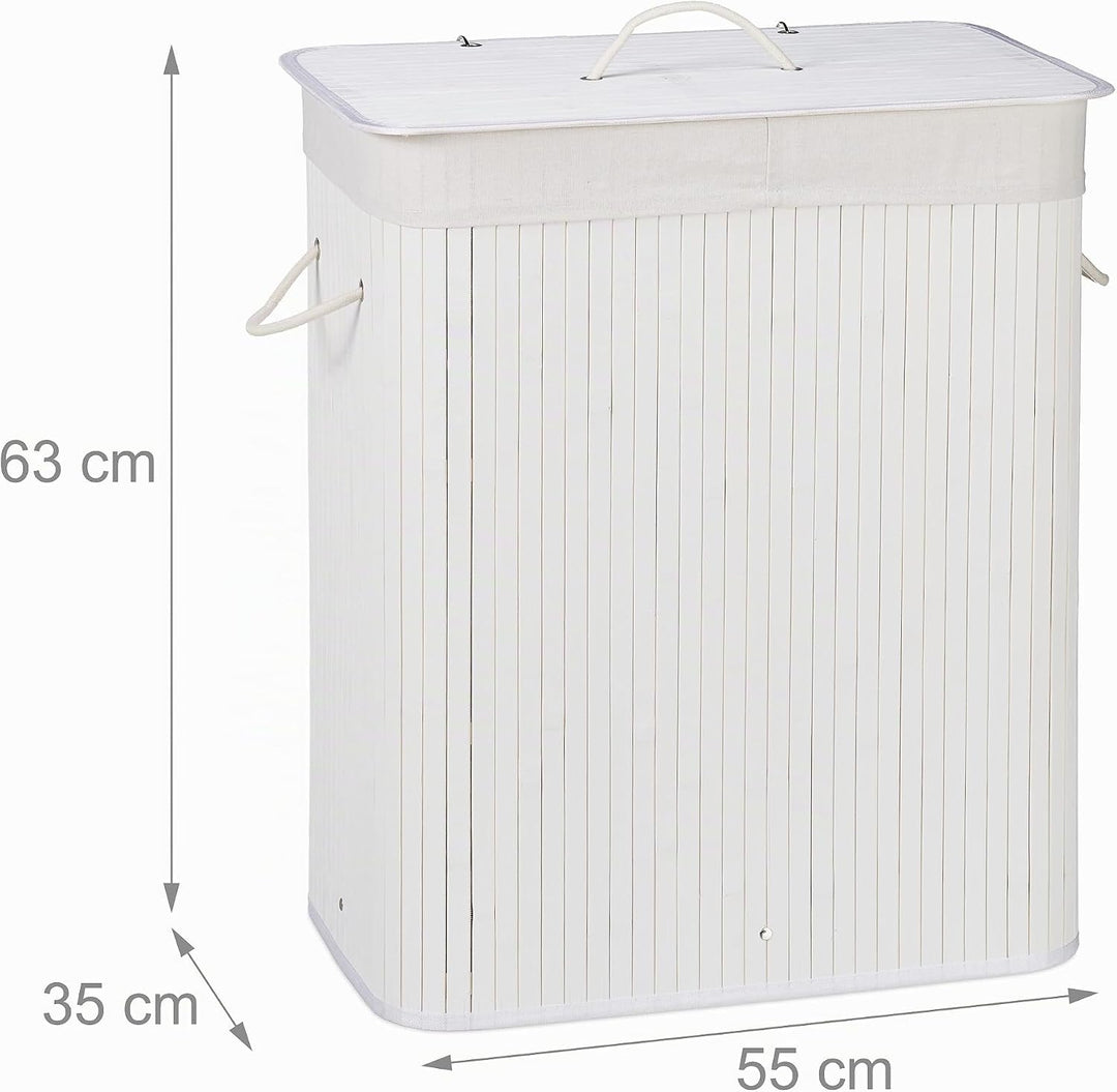 Relaxdays Wäschekorb Bambus mit Deckel, rechteckiger Wäschesammler, 2 Fächer, 95 l Volumen, faltbare
