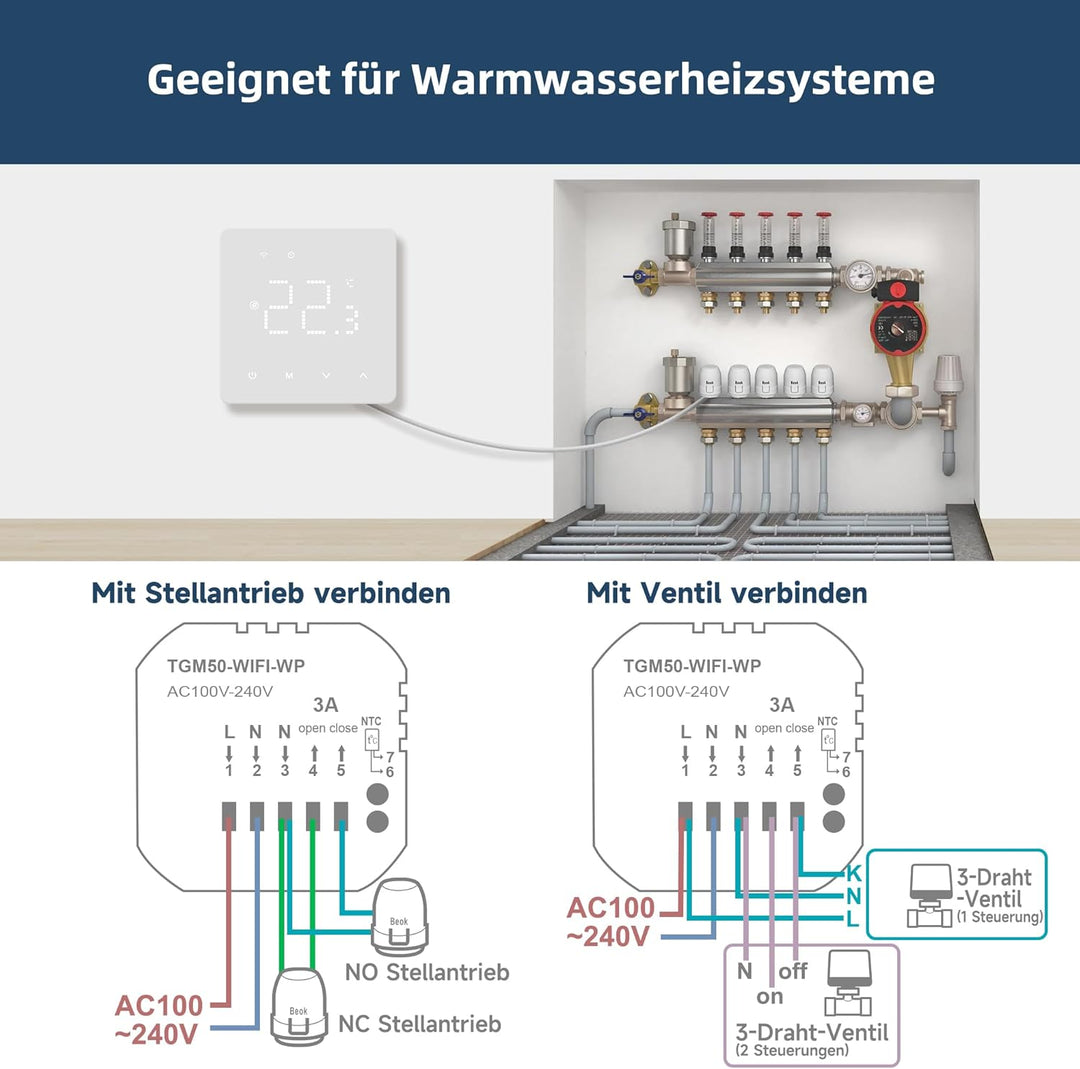 Beok Thermostat Fussbodenheizung Wasser, Raumthermostat Fussbodenheizung WiFi Digital, Tägliche Prog