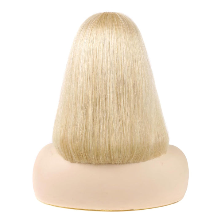 Huarisi 10 Inch Bonde Straight Human Hair Bob Wigs with Bangs 613 Short Bob Wig with Fringe None Lac