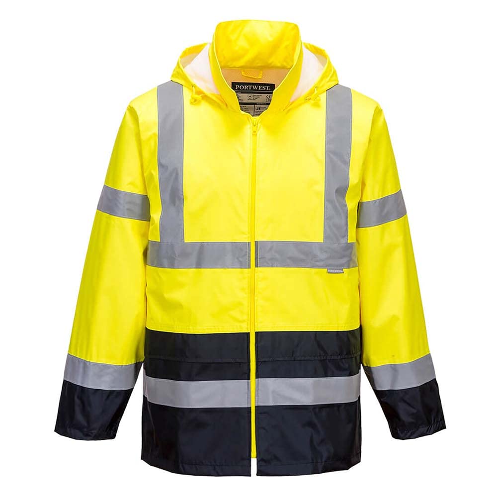 Portwest Klassische Kontrast Warnschutz-Regenjacke, Grösse: M, Farbe: Gelb/Marine, H443YNRM, H443