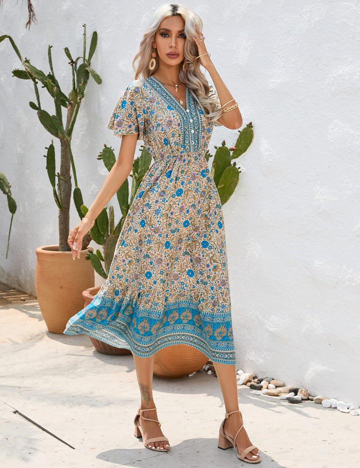 Clearlove Damen Sommerkleid Boho Kurzarm Midi Kleider V-Ausschnitt Strandkleid lang Blumenkleid Rüsc