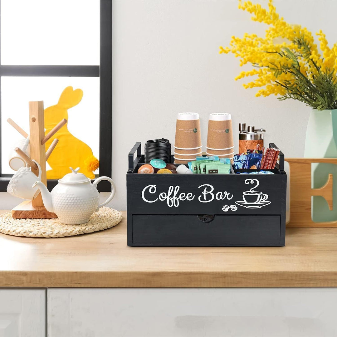 Kaffe Organizer aus Holz, hölzerne Kaffe-Bar-Zubehör-Organisator mit Schublade Landhaus Kaffee-Pods